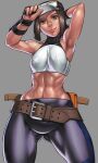  1girl abs arms_up bandaid bandaid_on_face bandaid_on_nose bare_shoulders baseball_cap belt breasts brown_eyes brown_hair clair_andrews closed_mouth cowboy_shot doburokumaru9 ehrgeiz goggles goggles_on_headwear halterneck hat highres lips looking_at_viewer midriff muscular muscular_female navel shinonome_(game_hakkutsu_tai) short_hair short_ponytail simple_background smile solo 