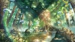 blurry blurry_foreground commentary_request dappled_sunlight forest full_body highres leafeon light_rays nature no_humans pokemon pokemon_(creature) rock scenery shimekake sky solo sunlight tree wide_shot 