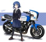  black_pantyhose black_sweater blue_background blue_hair blue_skirt bocchi_the_rock! brown_footwear dated dot_mouth dot_nose flick_(sal23) full_body hand_on_own_hip highres loafers looking_to_the_side motor_vehicle motorcycle pantyhose pleated_skirt polka_dot polka_dot_background product_placement shirt shoes short_hair signature skirt standing suzuki_(company) sweater vehicle_focus white_background white_shirt yamada_ryo 