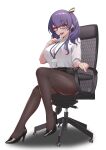  1girl absurdres alternate_costume azur_lane chair chym39 commission glasses high_heels highres holding holding_pen id_card italian_flag lanyard looking_at_viewer miniskirt office_lady pantyhose pen pola_(azur_lane) purple_hair simple_background sitting skirt twintails white_background 