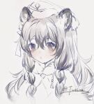  1girl :o animal_ear_fluff animal_ears arknights capelet commentary_request fur-trimmed_capelet fur-trimmed_headwear fur_trim grey_background hair_between_eyes long_hair looking_at_viewer monochrome parted_lips pramanix_(arknights) ruantang226 signature simple_background solo upper_body 