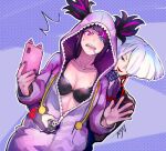  2girls a.k.i._(street_fighter) black_bra bra breasts candy cellphone cleavage cosplay food han_juri heterochromia highres kigurumi kujou_non lollipop multicolored_hair multiple_girls official_alternate_costume official_alternate_hairstyle phone smartphone streaked_hair street_fighter street_fighter_6 sweat twintails underwear undressing_another unzipping white_hair yuri zipper_pull_tab 