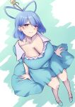  1girl aqua_background blue_dress blue_eyes blue_hair blush breasts chisel cleavage closed_mouth commentary_request dress foreshortening hair_ornament hair_rings hair_stick highres kaku_seiga large_breasts looking_at_viewer mirufui short_hair smile solo touhou 