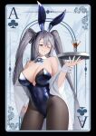  1girl alcohol alternate_costume animal_ears azur_lane bare_shoulders blue_eyes breasts brown_pantyhose card cleavage commentary commission covered_navel cup english_commentary fake_animal_ears glass grey_hair hair_between_eyes hand_on_own_hip highres huge_breasts intrepid_(azur_lane) long_hair long_sleeves looking_at_viewer mole mole_on_breast one_eye_closed pantyhose playboy_bunny rabbit_ears shizuko_hideyoshi smile solo standing twintails wide_sleeves 