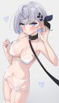  1girl absurdres adjusting_hair black_choker blue_eyes blue_nails blush bow bra bra_pull braid breasts choker closed_mouth clothes_pull collarbone embarrassed english_commentary french_braid garter_belt garter_straps grey_background grey_hair hair_bow hand_up heart highres hololive hololive_indonesia leash looking_at_viewer magui3 medium_breasts medium_hair navel panties pov pulled_by_self simple_background solo strap_pull thighhighs underwear underwear_only vestia_zeta white_bra white_garter_belt white_garter_straps white_panties white_thighhighs 