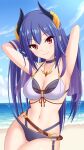  1girl arms_up beach blue_hair breasts closed_mouth demon_girl demon_horns highres horns long_hair looking_at_viewer medium_breasts navel official_alternate_costume outdoors princess_connect! purple_eyes rei_(princess_connect!) rei_(summer)_(princess_connect!) smile tamba_i 