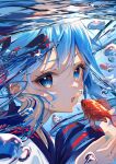  1girl absurdres aqua_nails blue_eyes blue_hair blue_sailor_collar bottle_miku bubble commentary_request fish goldfish hair_between_eyes hands_up hatsune_miku highres liquid_hair long_hair looking_at_viewer open_mouth portrait puripuri sailor_collar shirt solo underwater vocaloid white_shirt 