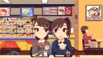  3girls amami_haruka animated animated_gif brown_eyes brown_hair earbuds earphones food futami_ami futami_mami idolmaster idolmaster_(classic) looking_at_another looping_animation lowres multiple_girls nodding pixel_art pxllb reading restaurant shared_earphones short_hair siblings side_ponytail smile table twins 