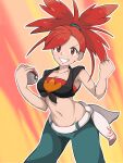  1girl breasts cleavage clenched_hand collarbone cowboy_shot flannery_(pokemon) highres holding holding_poke_ball looking_at_viewer midriff namari_siro navel outline poke_ball poke_ball_(basic) pokemon pokemon_oras red_eyes red_hair shirt solo tied_shirt v-shaped_eyebrows white_outline 