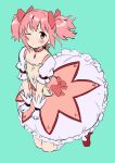  1girl absurdres aqua_background blush bow bubble_skirt choker cocoa_(ultra_mdk) commentary commentary_request frilled_socks frills gloves hair_bow highres kaname_madoka kneehighs knees_up looking_at_viewer magical_girl mahou_shoujo_madoka_magica mahou_shoujo_madoka_magica_(anime) one_eye_closed pink_eyes pink_hair puffy_short_sleeves puffy_sleeves red_bow red_choker red_footwear ribbon_choker shoes short_hair short_sleeves short_twintails simple_background skirt socks solo soul_gem twintails white_gloves white_socks 