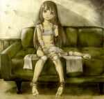  1girl android bandaged_arm bandages barefoot brown_hair cable couch damaged grey_eyes highres joints long_hair mechanical_arms mechanical_parts on_couch original robot_joints sarashi sitting solo takkun_(kettenai) teeth towel 