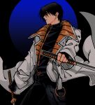  1boy black_hair carota327 dual_wielding fingerless_gloves gloves holding jacket katana long_coat male_focus rurouni_kenshin shinomori_aoshi solo sword turtleneck turtleneck_jacket weapon 