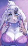  2023 anthro big_breasts blue_eyes bra breasts cleavage clothed clothing digital_media_(artwork) eyelashes female fern_(tasanko) fur grey_markings hair lagomorph leporid lips long_ears looking_at_viewer mammal markings mottled noviraine pink_inner_ear pink_lips pink_nose portrait purple_bra purple_clothing purple_underwear rabbit signature simple_background smile solo thick_bottom_lip tied_hair underwear underwear_only white_body white_fur white_hair 