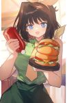  1girl :q blue_eyes brown_hair burger facing_viewer food hair_intakes hair_ribbon hajime_daijo holding holding_tray ketchup_bottle light_particles looking_at_viewer mazaki_anzu necktie open_mouth ribbon short_hair skirt smile solo standing sunlight tongue tongue_out tray uniform upper_body waitress yellow_necktie yellow_ribbon yu-gi-oh! yu-gi-oh!_(toei) 