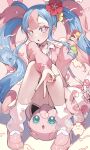  blush bull_sprite_(pokemon) cardigan cellphone choker clefairy_sprite_(pokemon) earrings fairy_miku_(project_voltage) flower hair_flower hair_ornament hatsune_miku heart heart_choker highres holding holding_phone jewelry jigglypuff leg_warmers legs_together long_hair looking_at_viewer multicolored_hair nail_polish open_mouth phone pink_cardigan pink_footwear pokemon pokemon_(creature) project_voltage scrunchie shibainu sitting twintails two-tone_hair v very_long_hair vocaloid wrist_scrunchie 