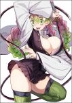  1girl absurdres black_jacket blush braid breasts buttons cleavage collared_shirt demon_slayer_uniform gradient_hair green_eyes green_thighhighs hair_between_eyes hands_up haori highres jacket japanese_clothes kanroji_mitsuri kei_(soundcross) kimetsu_no_yaiba large_breasts long_hair long_sleeves looking_at_viewer mole mole_under_eye multicolored_hair off_shoulder open_clothes open_jacket open_mouth open_shirt pink_hair shirt smile solo sword thighhighs thighs twin_braids upper_body weapon white_shirt 
