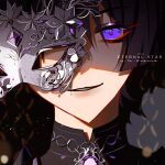  1boy 1eternalstar artist_name black_shirt blunt_ends brooch close-up collared_shirt gem genshin_impact hair_between_eyes hair_over_one_eye highres holding holding_mask instagram_username jewelry looking_at_viewer mask one_eye_covered parted_lips portrait purple_eyes purple_gemstone purple_hair scaramouche_(genshin_impact) shirt sidelocks silver_trim solo twitter_username watermark 