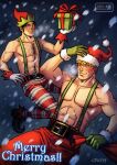  2boys adjusting_clothes adjusting_headwear bara belt black_hair blonde_hair blush box chest_hair christmas couple cris_art full_body gift gift_box gloves green_gloves hairy hat holding holding_gift hulkling jester jester_cap large_belt long_sideburns looking_at_another male_focus marvel merry_christmas multiple_boys muscular muscular_male navel_hair pants pectorals red_pants santa_costume santa_hat short_hair sideburns smile snowing suspenders thick_eyebrows toned toned_male topless_male wiccan yaoi 