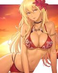  1girl absurdres alternate_costume bikini blonde_hair breasts cleavage commentary dark-skinned_female dark_skin earrings english_commentary feathers fire_emblem fire_emblem:_the_binding_blade flower gold_necklace hair_flower hair_ornament highres hoop_earrings igrene_(fire_emblem) jewelry large_breasts long_hair looking_at_viewer mole mole_under_eye necklace red_bikini solo sunset swimsuit truejekart yellow_eyes 