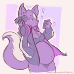  1:1 4_fingers accessory anthro belly big_belly big_tail breasts chest_tuft clothing digital_media_(artwork) female fingers fur headphones hi_res inner_ear_fluff jacket mammal mephitid multicolored_body multicolored_fur phone pregnant pregnant_female purple_body purple_fur ribbons simple_background skunk solo standing tail topwear tuft two_tone_body two_tone_fur two_tone_tail white_background white_body white_fur wildegems 