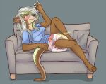  anthro blush blush_lines bodily_fluids clothed clothing diaper diaper_use furniture genital_fluids holding_object holding_phone male mammal mustelid omopaws onomatopoeia otter peeing phone sofa solo sound_effects text urine wearing_diaper wet wetting 