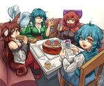  +_+ 4girls absurdres ahoge animal_ears black_shirt blue_eyes blue_hair blue_skirt blue_vest bow breasts bright_pupils brown_hair cake chair cleavage cloak closed_eyes closed_mouth commentary couch cupcake dated drill_locks eating english_commentary fins food fork frilled_kimono frills grass_root_youkai_network green_kimono hair_bow head_fins heterochromia highres hippppodraw holding holding_fork imaizumi_kagerou japanese_clothes juliet_sleeves kimono large_breasts long_hair long_sleeves looking_at_viewer mermaid milestone_celebration monster_girl multiple_girls puffy_sleeves purple_bow red_eyes red_hair sandwich sash sekibanki shirt short_hair signature sitting skirt tatara_kogasa touhou vest wakasagihime white_pupils wolf_ears wolf_girl 