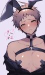  1boy absurdres alternate_costume amido_(compassion273) animal_ears black_shirt blush chest_harness collarbone covered_nipples danganronpa_(series) danganronpa_2:_goodbye_despair earrings fake_animal_ears half-closed_eyes harness highres hinata_hajime jewelry looking_at_viewer male_focus male_playboy_bunny o-ring partially_unbuttoned pasties rabbit_ears shiny_skin shirt single_bare_shoulder solo 