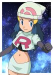  1girl beanie blue_eyes border clenched_hand closed_mouth commentary_request cosplay cowboy_shot cropped_jacket dawn_(pokemon) elbow_gloves eyelashes gloves hainchu hair_ornament hairclip hand_up hat highres jacket jessie_(pokemon) jessie_(pokemon)_(cosplay) logo long_hair navel pokemon pokemon_(anime) pokemon_dppt_(anime) shirt sidelocks skirt smile solo space team_rocket team_rocket_uniform white_border 