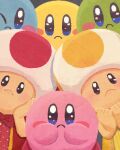  blue_skin blush_stickers bow bowtie colored_skin commentary_request crossover green_skin highres kirby kirby_(series) looking_at_viewer mario_(series) miclot one_eye_closed pink_skin solid_oval_eyes the_super_mario_bros._movie toad_(mario) yellow_skin 