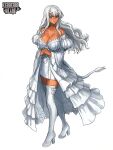  1girl boots breasts cleavage dark-skinned_female dark_skin dress high_heel_boots high_heels horns kerberos_blade kishiba_yuusuke large_breasts long_hair looking_at_viewer puffy_sleeves simple_background smile solo standing tail thigh_boots white_background white_dress white_hair white_horns 