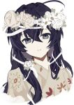  1girl absurdres ahoge black_eyes blue_hair bungou_stray_dogs closed_mouth commentary_request flower head_wreath highres izumi_kyouka_(bungou_stray_dogs) japanese_clothes jellyfish_sz kimono long_hair looking_at_viewer simple_background smile solo upper_body white_background white_flower white_kimono 