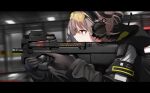  1girl absurdres black_gloves black_jacket blurry blurry_background border brown_hair bullpup closed_mouth earmuffs eyewear_on_head from_side girls&#039;_frontline gloves gun highres holding holding_gun holding_weapon indoors jacket letterboxed long_sleeves p90 p90_(girls&#039;_frontline) red_eyes rynn_(rynn_cube) shooting_glasses solo submachine_gun tinted_eyewear weapon yellow-tinted_eyewear 