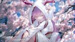  1girl animal_ears blurry blurry_background branch closed_eyes commentary_request cong_xiang_huanxiong depth_of_field ears_through_headwear english_text facing_viewer flower highres honkai_(series) honkai_impact_3rd hood hood_up hugging_own_legs japanese_clothes kimono knees_up long_sleeves obi parted_lips sash sleeves_past_wrists solo uchikake white_flower white_kimono wide_sleeves yae_sakura yae_sakura_(gyakushinn_miko) 