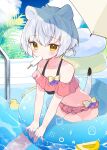  1girl afloat animal_ears bare_shoulders bikini feet_out_of_frame food_in_mouth frilled_bikini frills highres innertube kamiyoshi_rika light_blush looking_at_viewer navel original outdoors pool popsicle_in_mouth rubber_duck short_hair slit_pupils solo swimsuit tail white_hair yellow_eyes 