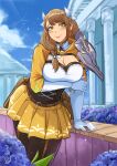  1girl absurdres arm_support armor belt black_pantyhose blue_flower blue_sky braid breasts brown_belt brown_hair cleavage column commentary_request corset cowboy_shot day delicious_brain fire_emblem fire_emblem_engage flower garter_straps gloves goldmary_(fire_emblem) hair_ribbon highres large_breasts long_hair looking_at_viewer miniskirt outdoors pantyhose pillar pleated_skirt ribbon shoulder_armor skirt sky smile solo standing thighs white_gloves white_ribbon yellow_eyes yellow_skirt 