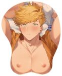  1boy artist_name bara bare_pectorals blonde_hair blush closed_mouth english_text granblue_fantasy green_eyes higashigunkan japanese_clothes kimono large_pectorals lying male_focus mousepad_(medium) muscular muscular_male nipples official_alternate_costume on_back orange_kimono pectorals short_hair solo vane_(granblue_fantasy) 