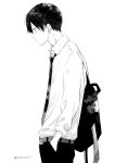  1boy backpack bag belt closed_mouth collared_shirt cowboy_shot expressionless from_side greyscale hair_between_eyes hand_in_pocket highres long_sleeves looking_down loose_necktie male_focus monochrome necktie open_collar original pants partially_unbuttoned profile saitou_shiori_(pixiv14549321) school_uniform shirt shirt_tucked_in short_hair simple_background solo twitter_username 