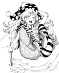  1girl absurdres american_flag_dress arm_up ass blush breasts cameltoe clownpiece full_body greyscale highres himajin_noizu holding holding_torch long_hair monochrome open_mouth short_sleeves small_breasts smile solo teeth tongue torch touhou 