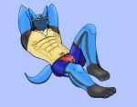  abs anthro assassinfenrir black_feet blue_body blue_tail bulge canid canine canis chest_spike clothed clothing digital_media_(artwork) generation_4_pokemon humanoid jackal looking_at_viewer lucario male mammal muscular muscular_anthro muscular_male nintendo pokemon pokemon_(species) portrait red_eyes shaded solo spikes spikes_(anatomy) tail underwear underwear_only yellow_body 