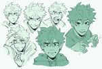  1boy boku_no_hero_academia closed_mouth commentary cropped_torso english_commentary expressions freckles green_theme habkart hair_between_eyes hand_on_own_head highres hood hood_down hoodie looking_at_viewer male_focus midoriya_izuku monochrome multiple_views open_mouth short_hair simple_background sketch smile teeth upper_body white_background 