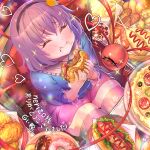  1girl blue_shirt blush burger closed_eyes closed_mouth collared_shirt commission doughnut eating eyeball fat food frilled_shirt_collar frills heart highres holding holding_food hot_dog komeiji_satori pink_hair pink_shorts pizza shiroi_karasu shirt short_hair shorts skeb_commission solo third_eye touhou 