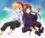  1boy 1girl bandana black_pants black_robe blonde_hair blunt_bangs blush braid brown_eyes brown_hair grin holding holding_hands holding_staff hooded_robe kukuri_(mahoujin_guruguru) long_hair long_sleeves mahoujin_guruguru nike_(majo_no_tabitabi) open_mouth pants red_bandana red_headwear robe shion_(1994sionn) shirt short_hair smile staff twin_braids white_shirt 