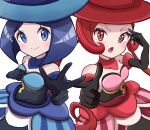  2girls absurdres bare_shoulders battle_chatelaine black_gloves blue_dress blue_eyes blue_hair blue_headwear breasts cleavage closed_mouth dana_(pokemon) dress evelyn_(pokemon) finger_gun gloves hat highres long_hair looking_at_viewer multiple_girls open_mouth pokemon pokemon_(game) pokemon_xy red_dress red_eyes red_hair red_headwear rono_(lethys) short_hair siblings sisters smile strapless strapless_dress w white_background 