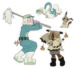  1boy 1other absurdres baseball_cap belt black_footwear blonde_hair boots commentary drampa english_commentary facial_hair full_body gloves hat highres hitodama holding holding_mop hood hood_up hoodie humanization janitor key keychain long_sleeves magicact mimikyu mop mustache old old_man pink_gloves pokemon pokemon_(creature) reference_inset short_hair shorts simple_background sleeves_past_fingers sleeves_past_wrists standing white_background white_footwear white_hair 