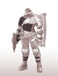  1boy absurdres belt boots clenched_hand full_body gloves gradient_background greyscale gun highres holding holding_gun holding_weapon ishiyumi knee_pads male_focus mechanical_arms mechanical_buddy_universe monochrome pants science_fiction single_glove single_mechanical_arm solo standing weapon 