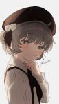  1girl ahoge arm_at_side backlighting beret blush brown_eyes brown_hair closed_mouth collared_shirt dated fingernails flower from_side grey_eyes grey_hair half-closed_eyes hand_on_own_chin hand_up hat hat_flower hat_ribbon hatoba_tsugu head_tilt highres light light_frown long_sleeves looking_to_the_side medium_hair mole mole_under_eye neck_ribbon raised_eyebrows ribbon sha2mo shirt signature simple_background single_hair_ring solo suspenders tsugu_(vtuber) white_background white_flower white_shirt 