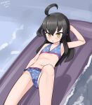  1girl absurdres ahoge bikini black_hair blue_bikini flat_chest frilled_bikini frills highres inflatable_raft kantai_collection looking_at_viewer lying maru_(marg0613) mikazuki_(kancolle) navel one-hour_drawing_challenge solo swimsuit water yellow_eyes 