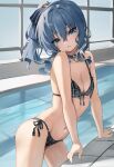  1girl absurdres bare_shoulders bikini blue_eyes blue_hair blush breasts choker cleavage earrings front-tie_bikini_top front-tie_top hair_between_eyes highres hololive hoshimachi_suisei jewelry long_hair looking_at_viewer navel pool poolside ribbon scarlet_(wv0102) side-tie_bikini_bottom side_ponytail small_breasts solo star_(symbol) star_earrings swimsuit thighs virtual_youtuber wading 