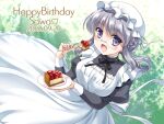  1girl apron back_bow blush bow braid cake cake_slice dated dress eating food fork glasses grey_hair hair_rings happy_birthday hat highres holding holding_fork holding_plate indie_virtual_youtuber juliet_sleeves kkurumi long_sleeves maid mob_cap neck_ribbon open_mouth original plate puffy_sleeves purple_eyes ribbon smile sunlight virtual_youtuber 