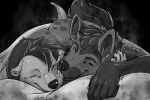  2023 absurd_res anthro athletic cuddling duo embrace eyes_closed greyscale hi_res hyena jarl_hyena joyful licking lontra lying male male/male mammal membrane_(anatomy) monochrome mustelid nitrods north_american_river_otter otter river_otter schwartz_otter smile spotted_hyena tongue tongue_out under_covers webbed_hands 